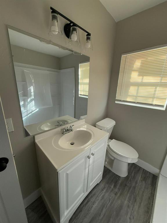 bathroom featuring hardwood / wood-style flooring, vanity, and toilet