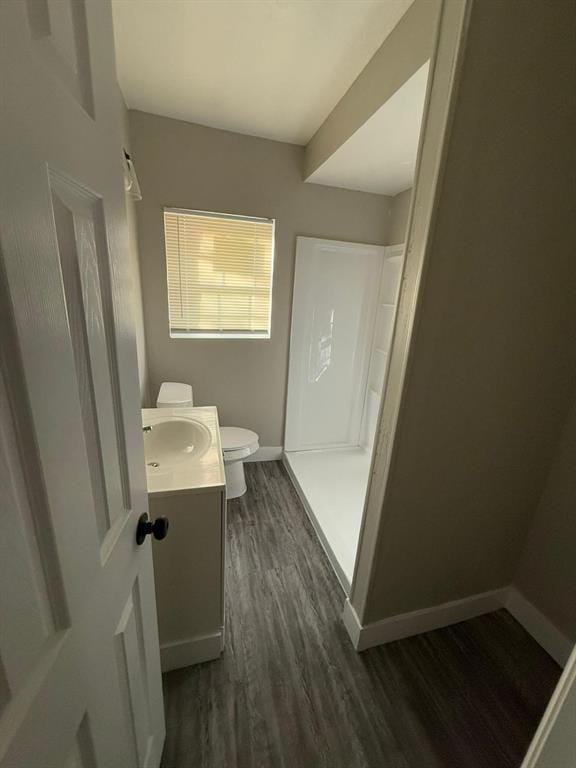 bathroom featuring vanity, toilet, and wood-type flooring