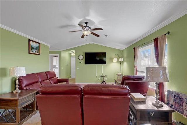 living area with lofted ceiling, visible vents, a ceiling fan, and crown molding