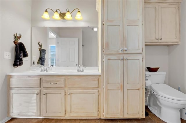 bathroom with double vanity, a sink, and toilet