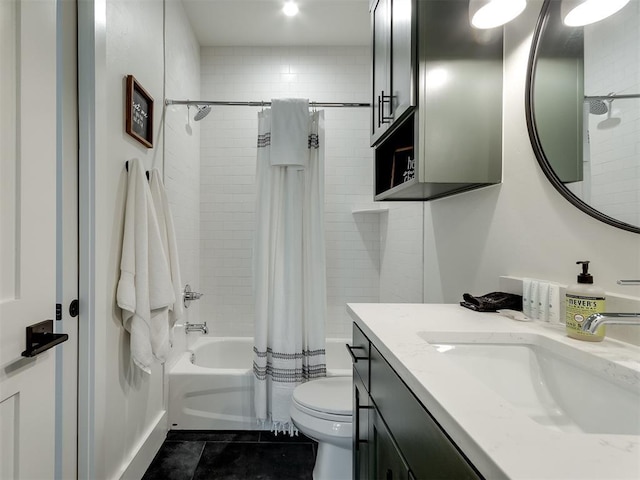 full bathroom with toilet, tile patterned floors, vanity, and shower / bathtub combination with curtain