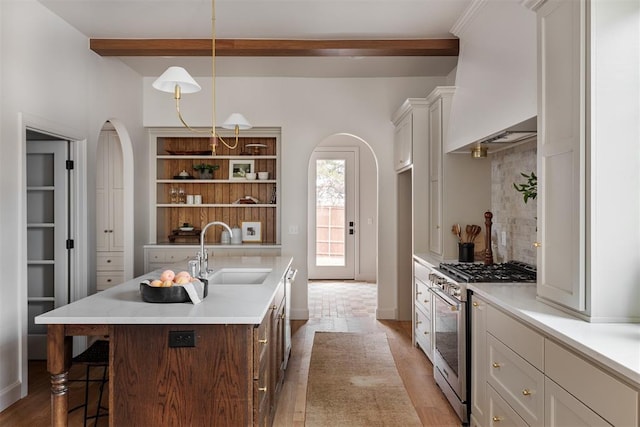 kitchen with premium range hood, appliances with stainless steel finishes, sink, hanging light fixtures, and a kitchen island with sink