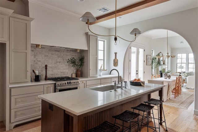 kitchen with sink, light stone counters, light wood-type flooring, high end stainless steel range oven, and a kitchen island with sink