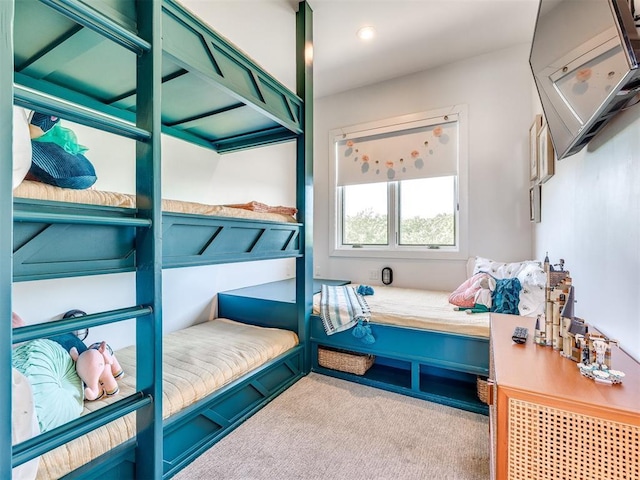 bedroom featuring recessed lighting and light carpet