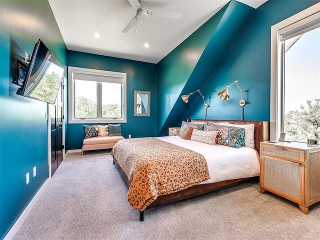 bedroom with recessed lighting, baseboards, a ceiling fan, and light colored carpet