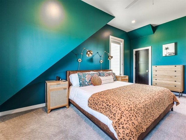 bedroom with baseboards, a ceiling fan, vaulted ceiling, carpet floors, and recessed lighting