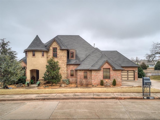 french country inspired facade with a garage