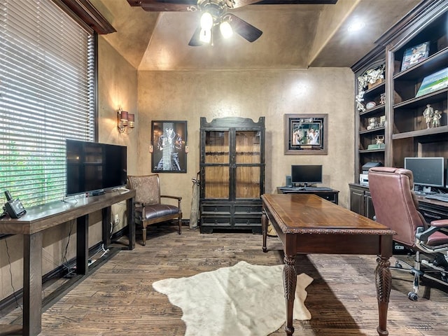 office area with hardwood / wood-style floors and ceiling fan