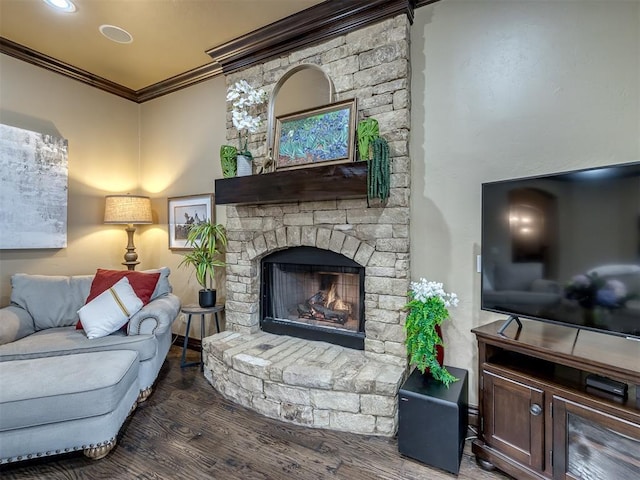 living room with crown molding, a fireplace, and dark hardwood / wood-style floors