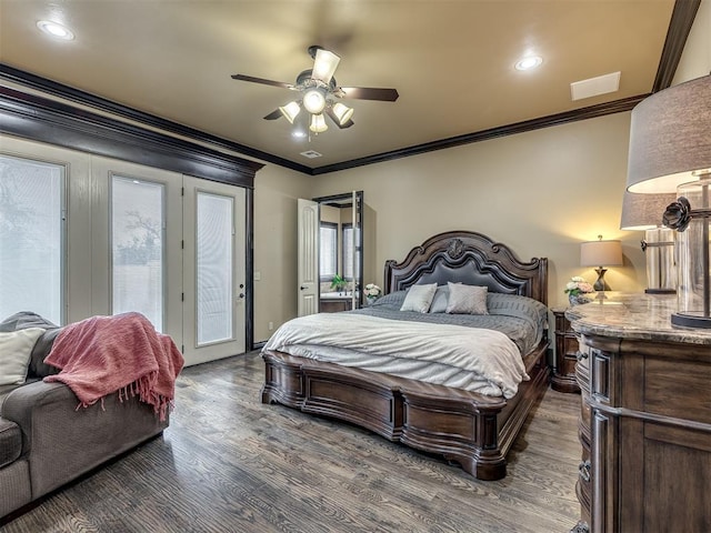 bedroom featuring dark wood-type flooring, ceiling fan, ornamental molding, and access to exterior