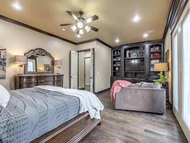 bedroom featuring ornamental molding, ceiling fan, and dark hardwood / wood-style flooring