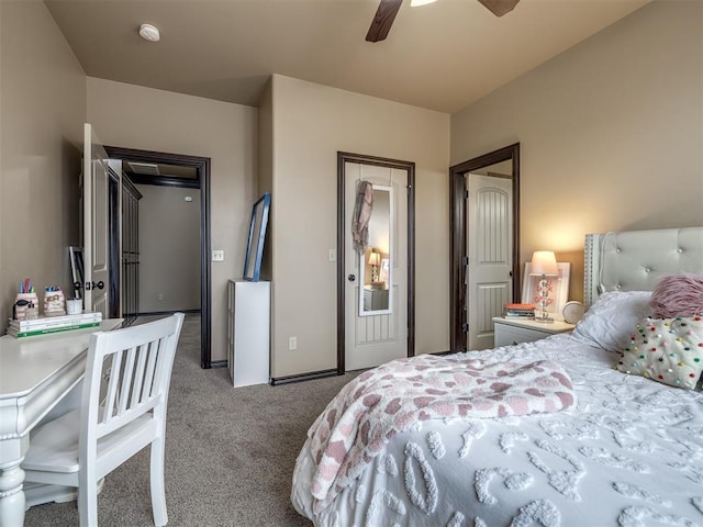 bedroom with light carpet and ceiling fan