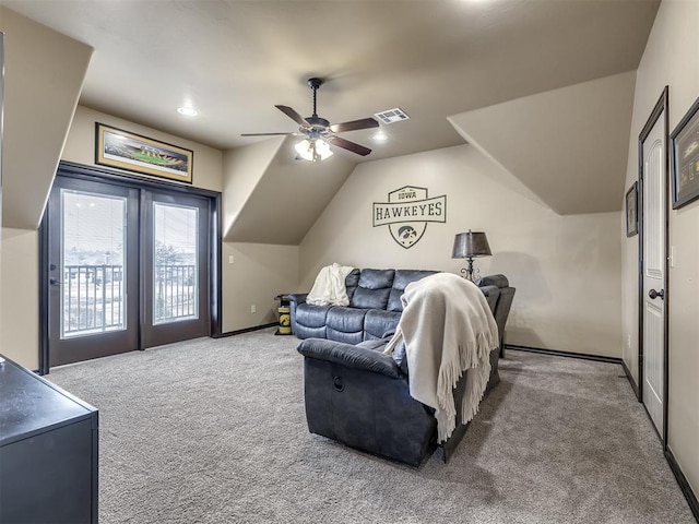 bedroom featuring ceiling fan, access to outside, vaulted ceiling, and carpet