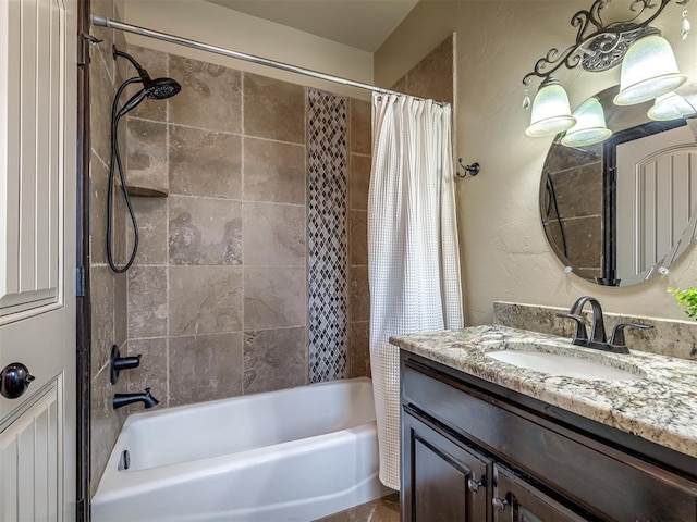 bathroom with vanity and shower / bath combo with shower curtain