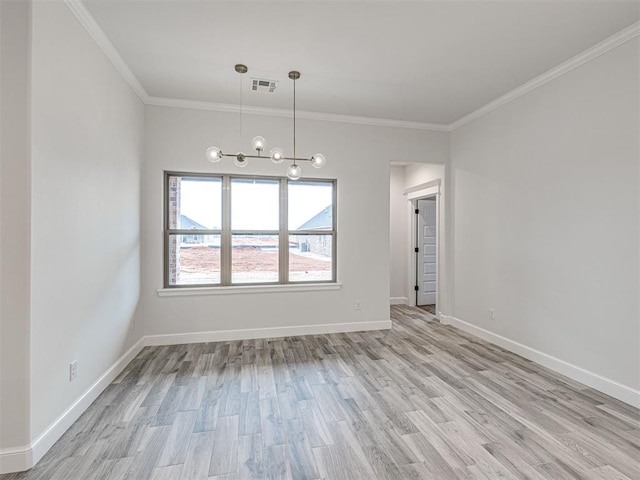 unfurnished room featuring a notable chandelier, crown molding, and light wood-type flooring