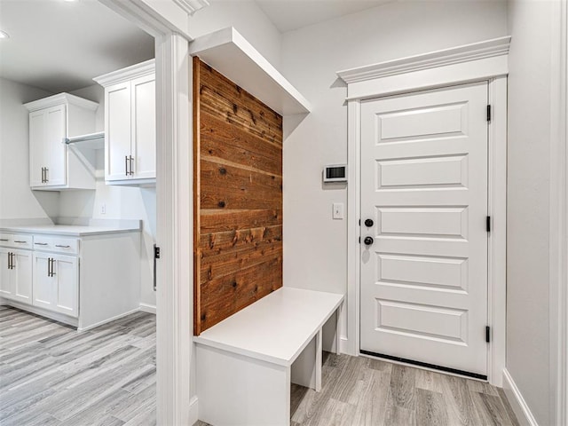 mudroom with light hardwood / wood-style floors