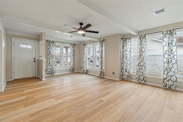 unfurnished living room featuring beam ceiling, light hardwood / wood-style floors, ceiling fan, and a textured ceiling