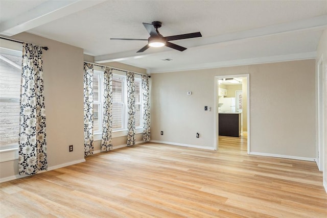 empty room featuring ceiling fan, beamed ceiling, and light wood-type flooring