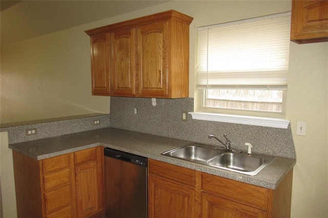 kitchen with dishwasher, decorative backsplash, brown cabinetry, and a sink