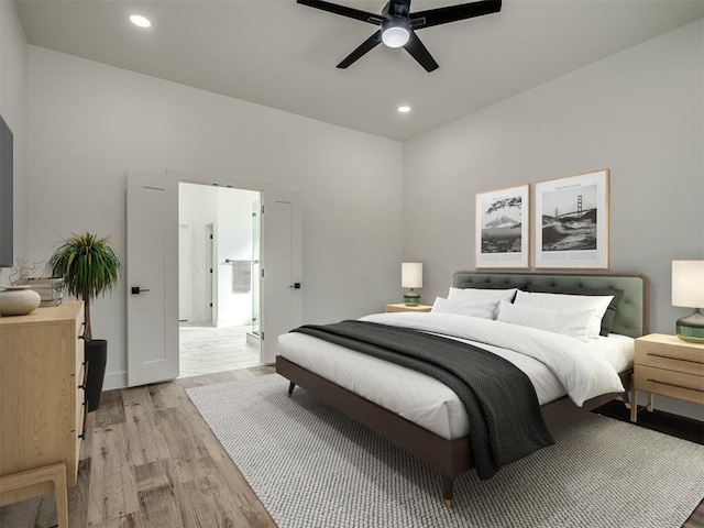 7225 NW 154th St, Edmond, OK 73013 - bedroom featuring recessed lighting, light wood-style flooring, and ceiling fan