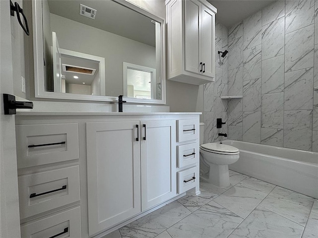 7225 NW 154th St, Edmond, OK 73013 - full bathroom with marble finish floor, visible vents, toilet, vanity, and tub / shower combination