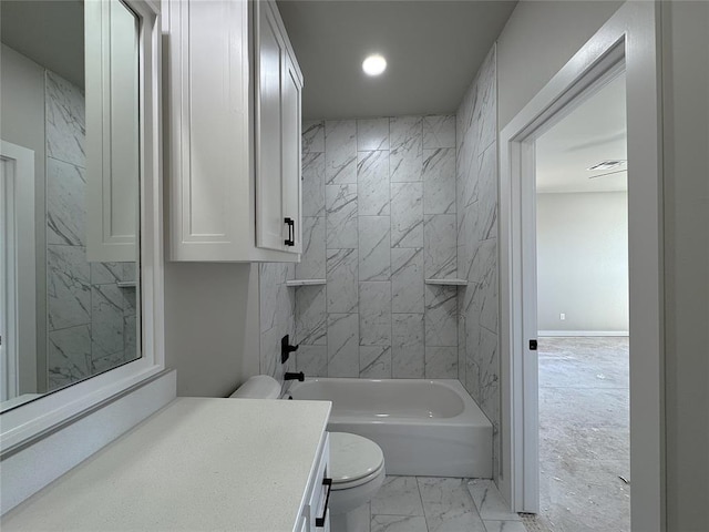7225 NW 154th St, Edmond, OK 73013 - full bath with marble finish floor, shower / bath combination, toilet, visible vents, and recessed lighting