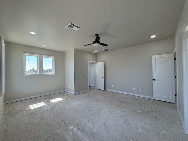 7225 NW 154th St, Edmond, OK 73013 - unfurnished bedroom with ceiling fan, baseboards, visible vents, and recessed lighting