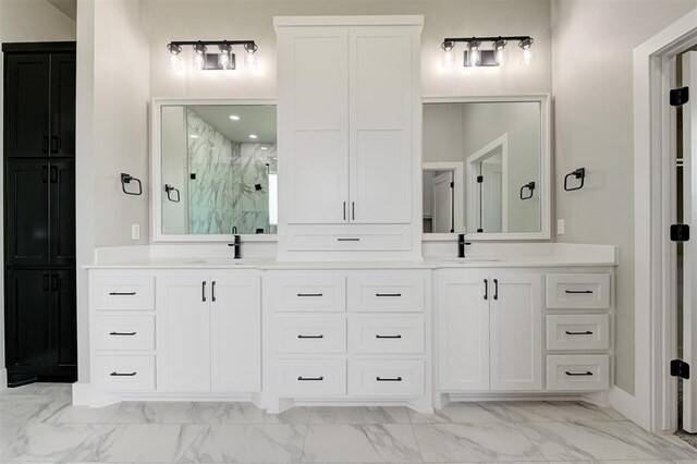 7225 NW 154th St, Edmond, OK 73013 - full bath with marble look tiles, a marble finish shower, and double vanity