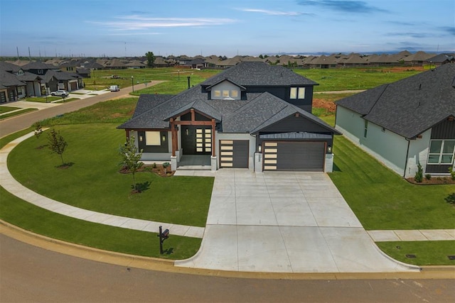 7225 NW 154th St, Edmond, OK 73013 - contemporary home with a residential view, a shingled roof, concrete driveway, a front lawn, and an attached garage