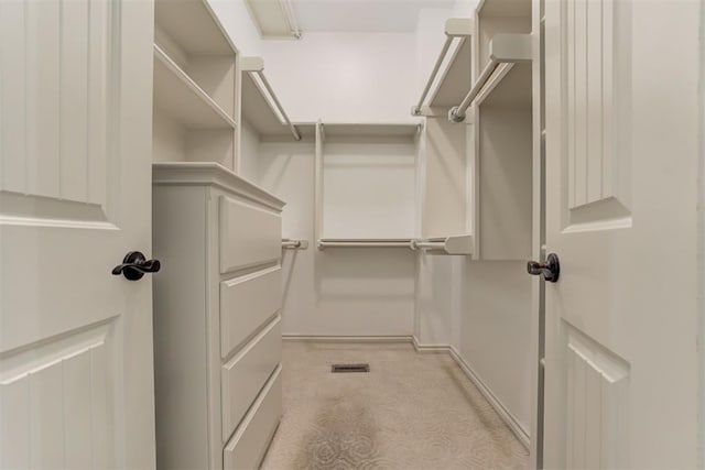 spacious closet featuring light colored carpet