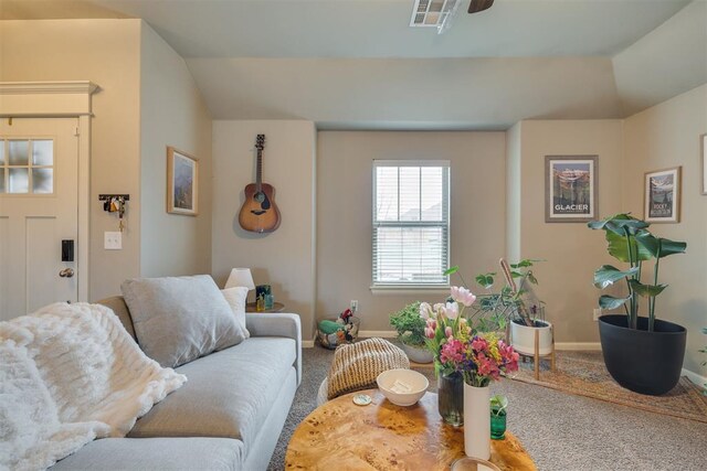 8609 SW 36th Ter, Oklahoma City, OK 73179 - carpeted living room featuring vaulted ceiling and a ceiling fan