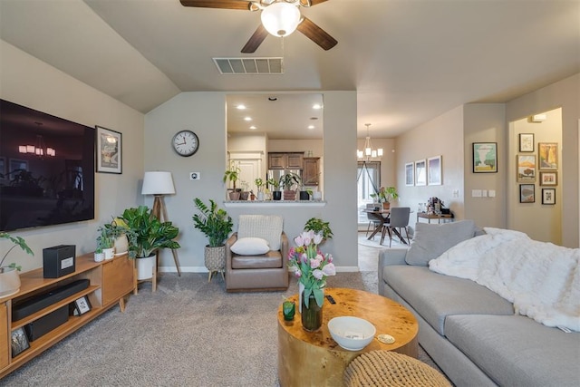 8609 SW 36th Ter, Oklahoma City, OK 73179 - living area with a chandelier, carpet flooring, ceiling fan, vaulted ceiling, and recessed lighting