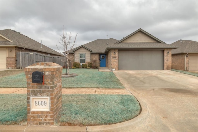 8609 SW 36th Ter, Oklahoma City, OK 73179 - ranch-style house featuring brick siding, a garage, concrete driveway, and a shingled roof