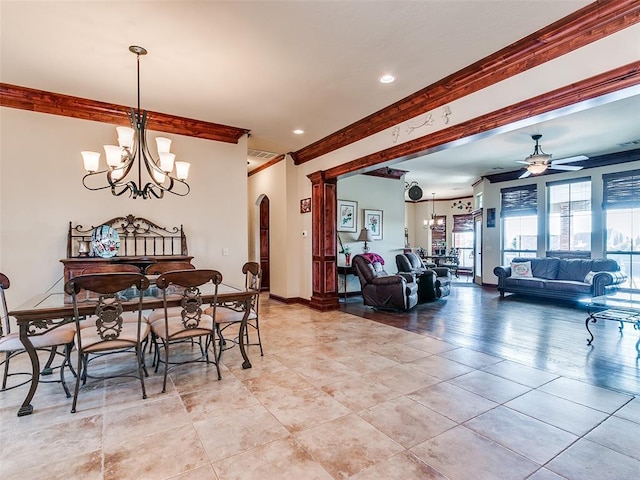 dining area featuring ornamental molding, ceiling fan with notable chandelier, and light tile patterned floors