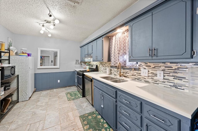 kitchen featuring blue cabinetry, stainless steel appliances, and sink