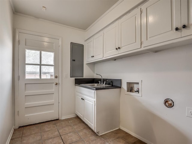 laundry room with sink, crown molding, hookup for a washing machine, electric panel, and cabinets