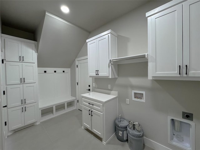 15521 Aparados Way, Edmond, OK 73013 - washroom with hookup for a washing machine, hookup for an electric dryer, light tile patterned floors, cabinet space, and recessed lighting