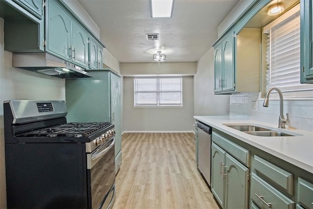 kitchen with tasteful backsplash, appliances with stainless steel finishes, sink, and light hardwood / wood-style flooring