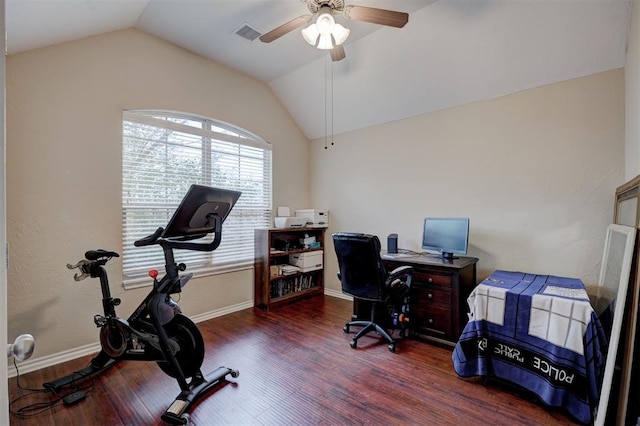 office featuring dark wood-type flooring, vaulted ceiling, and ceiling fan