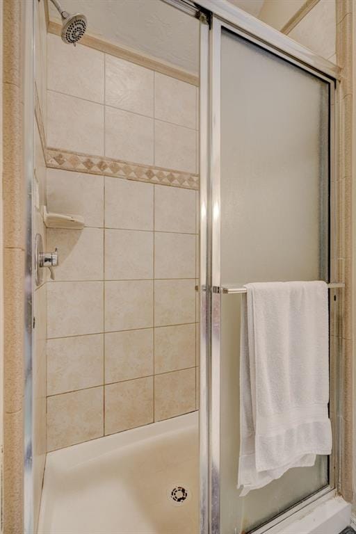 bathroom featuring a shower with door