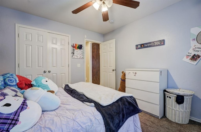 bedroom with ceiling fan, a closet, and carpet