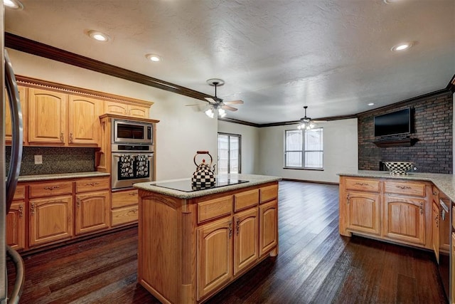 kitchen with backsplash, ornamental molding, dark hardwood / wood-style floors, and appliances with stainless steel finishes