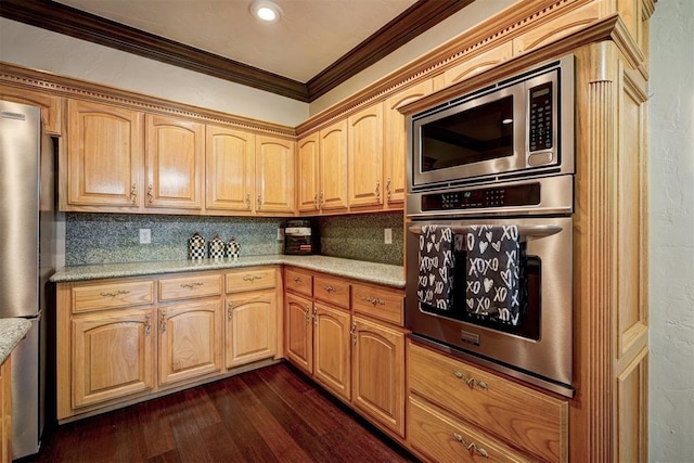 kitchen with crown molding, light brown cabinets, dark hardwood / wood-style floors, stainless steel appliances, and decorative backsplash