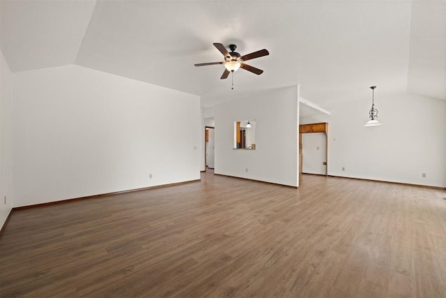 unfurnished living room with lofted ceiling, wood-type flooring, and ceiling fan