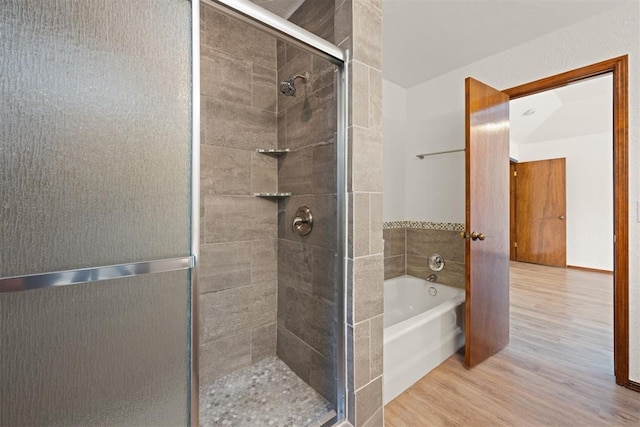 bathroom with hardwood / wood-style flooring and plus walk in shower