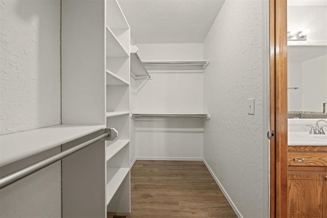 spacious closet featuring dark hardwood / wood-style flooring