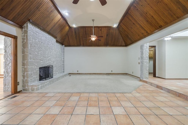 unfurnished living room with high vaulted ceiling, wooden ceiling, light tile patterned floors, ceiling fan, and a fireplace