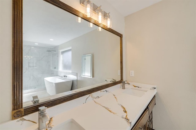 bathroom featuring vanity and plus walk in shower