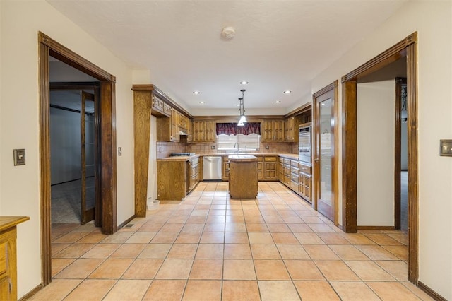 kitchen with decorative light fixtures, decorative backsplash, a center island, stainless steel dishwasher, and light tile patterned floors