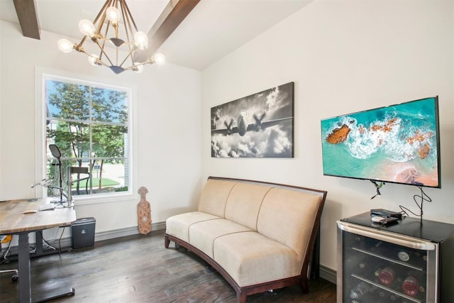 living area with beamed ceiling, wood finished floors, baseboards, and a chandelier